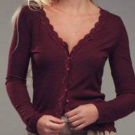 Lace Trim Button-Front Ribbed Knit Top