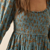 Smocked Floral Bubble-Sleeve Midi Dress, Blue