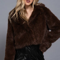 Long Sleeve Notched Collar Faux Fur Cropped Jacket