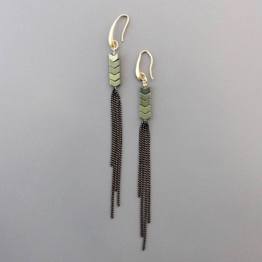 Green hematite &  chain fringe should duster earrings