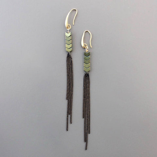 Green hematite &  chain fringe should duster earrings