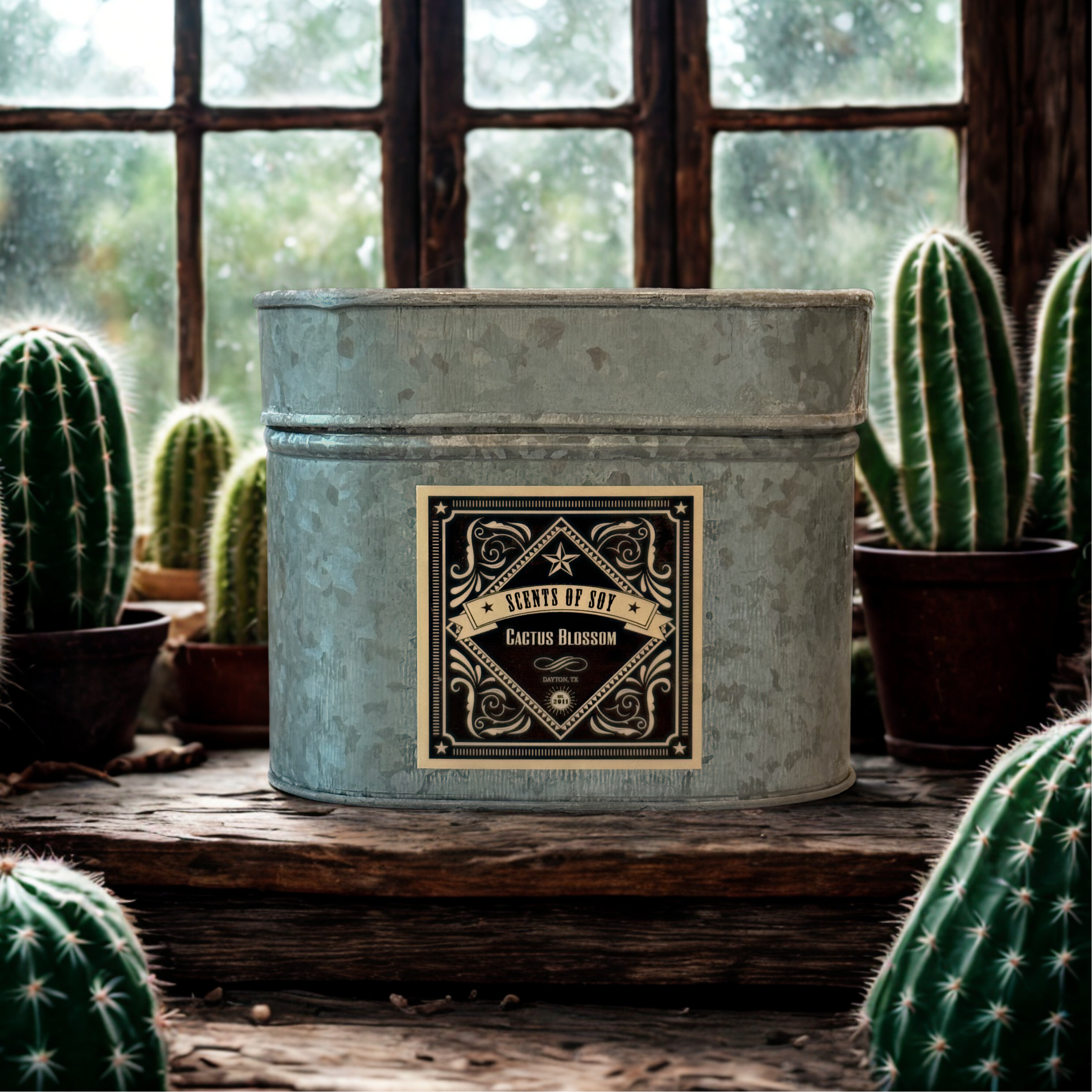 Cactus Blossom Galvanized Oval Tin Soy Candle