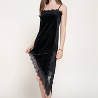 Straight Neck Lace Trim Asymmetrical Velvet Mini Dress