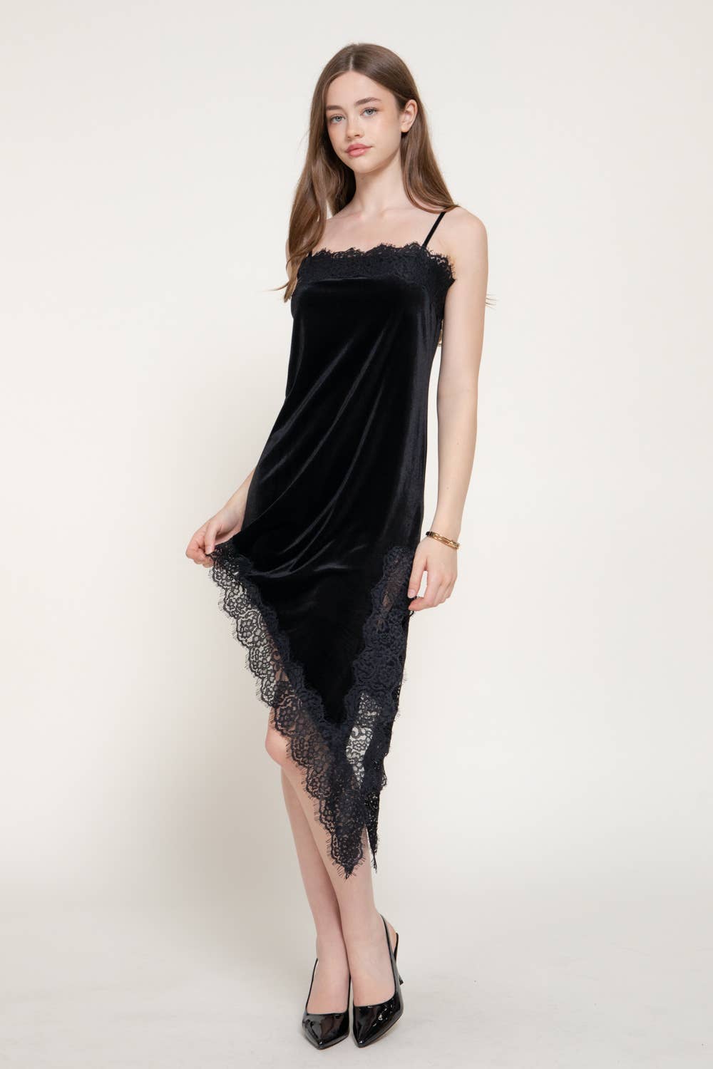 Straight Neck Lace Trim Asymmetrical Velvet Mini Dress
