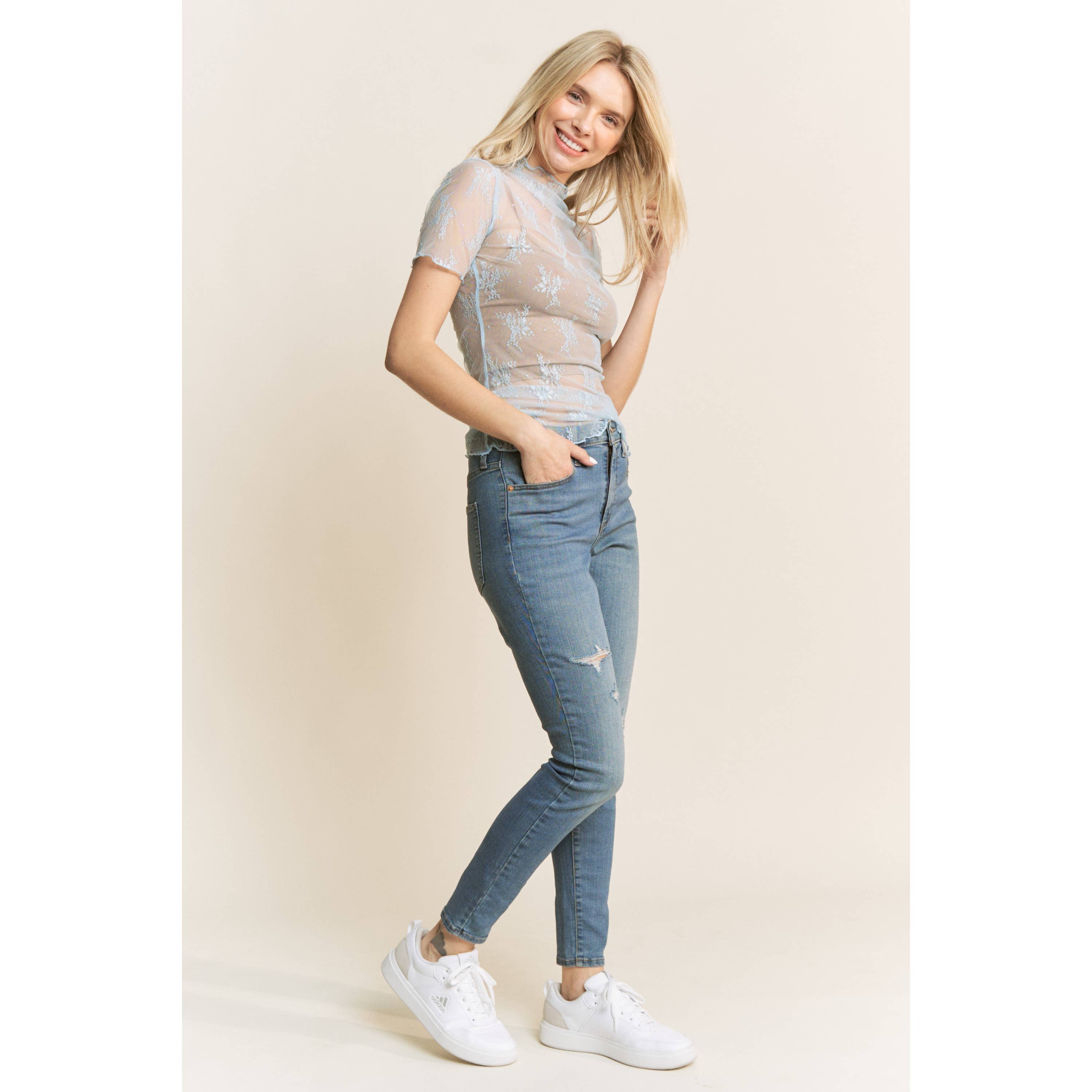 Lace Short Sleeve Shirt, S-3X