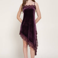 Straight Neck Lace Trim Asymmetrical Velvet Mini Dress