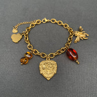 18K GP S. Steel Flower Heart & Bee Charm Bracelet