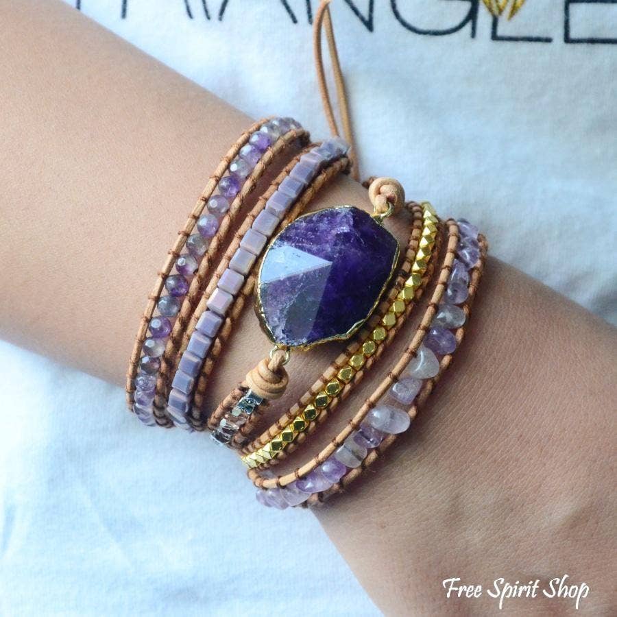 Amethyst Gemstone Leather Wrap Bracelet, Boho Beaded Strap