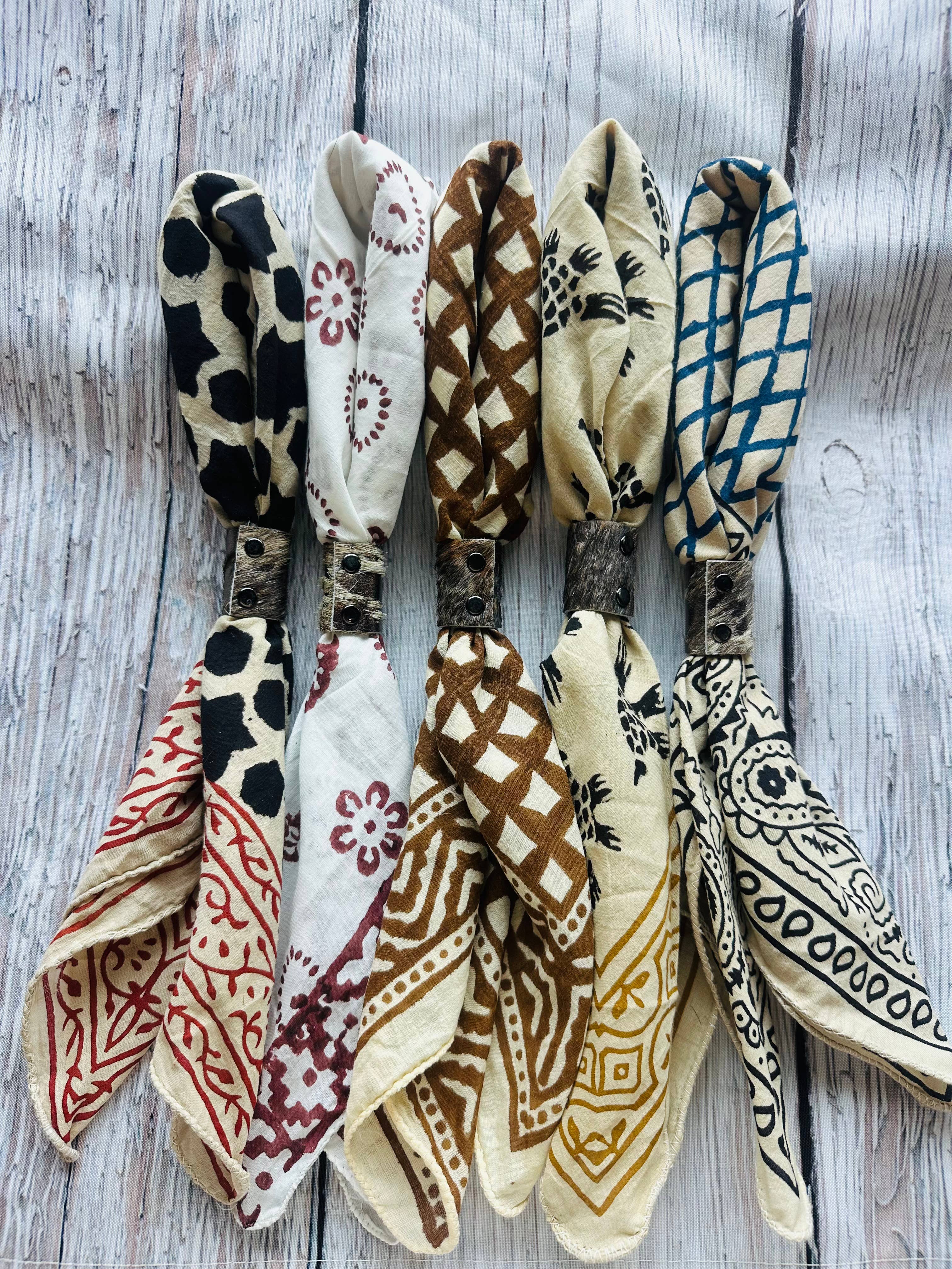 Boho Bandanas With Cowhide Leather Slides