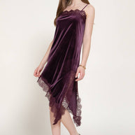 Straight Neck Lace Trim Asymmetrical Velvet Mini Dress