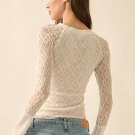 Lace Raglan-Sleeve Henley Top, White