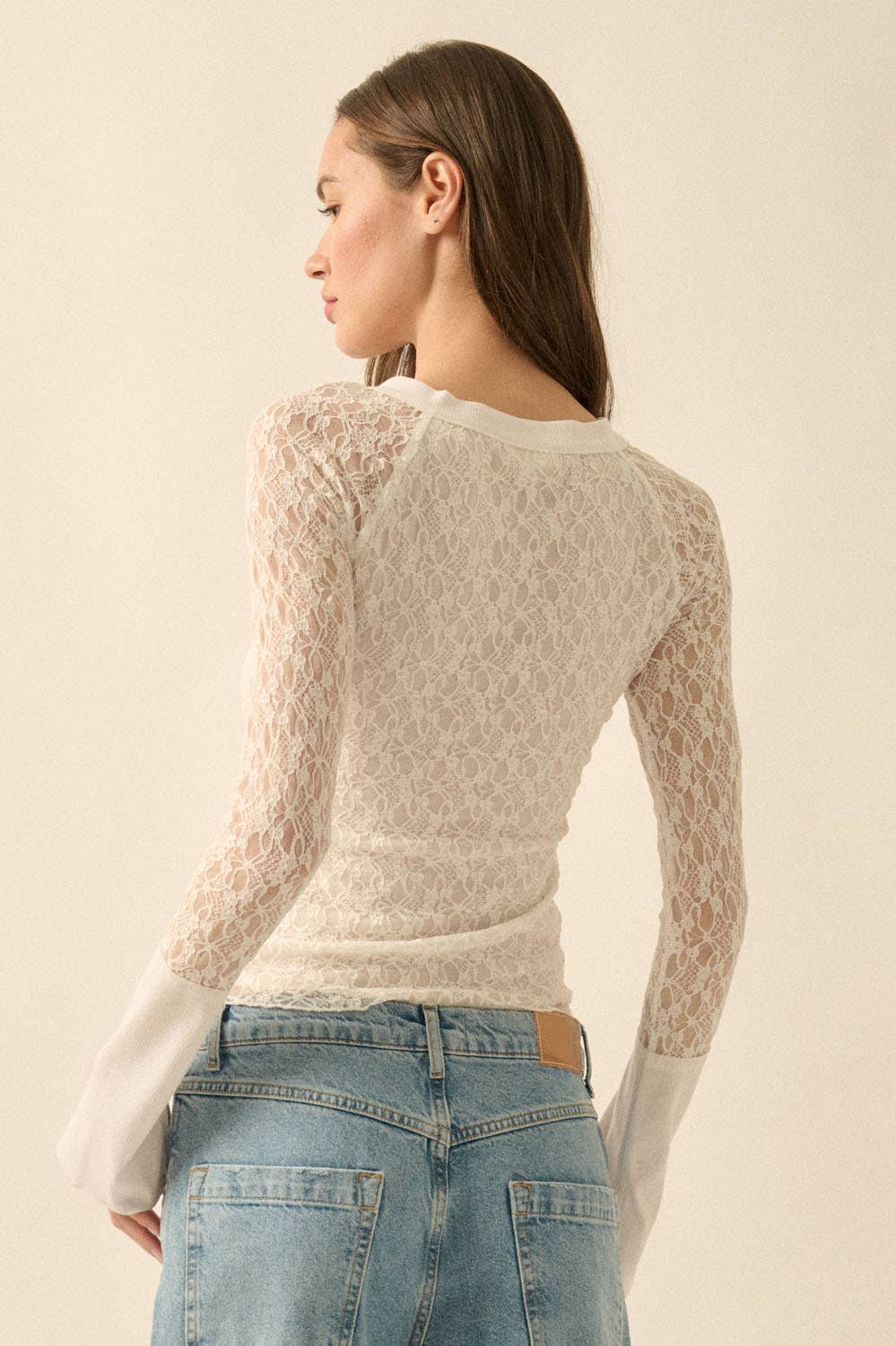 Lace Raglan-Sleeve Henley Top, White