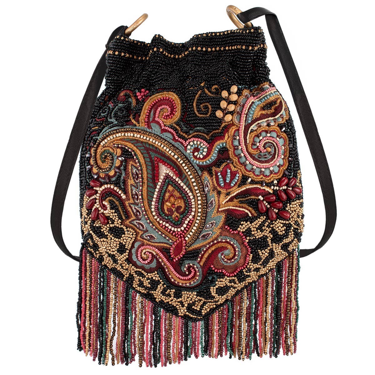 In the Groove Boho Paisley Fringe Crossbody Bucket Bag