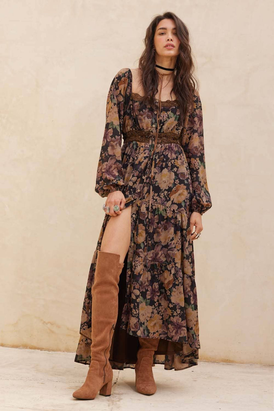 Floral Button-Front Maxi Dress, Chocolate