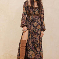 Floral Button-Front Maxi Dress, Chocolate