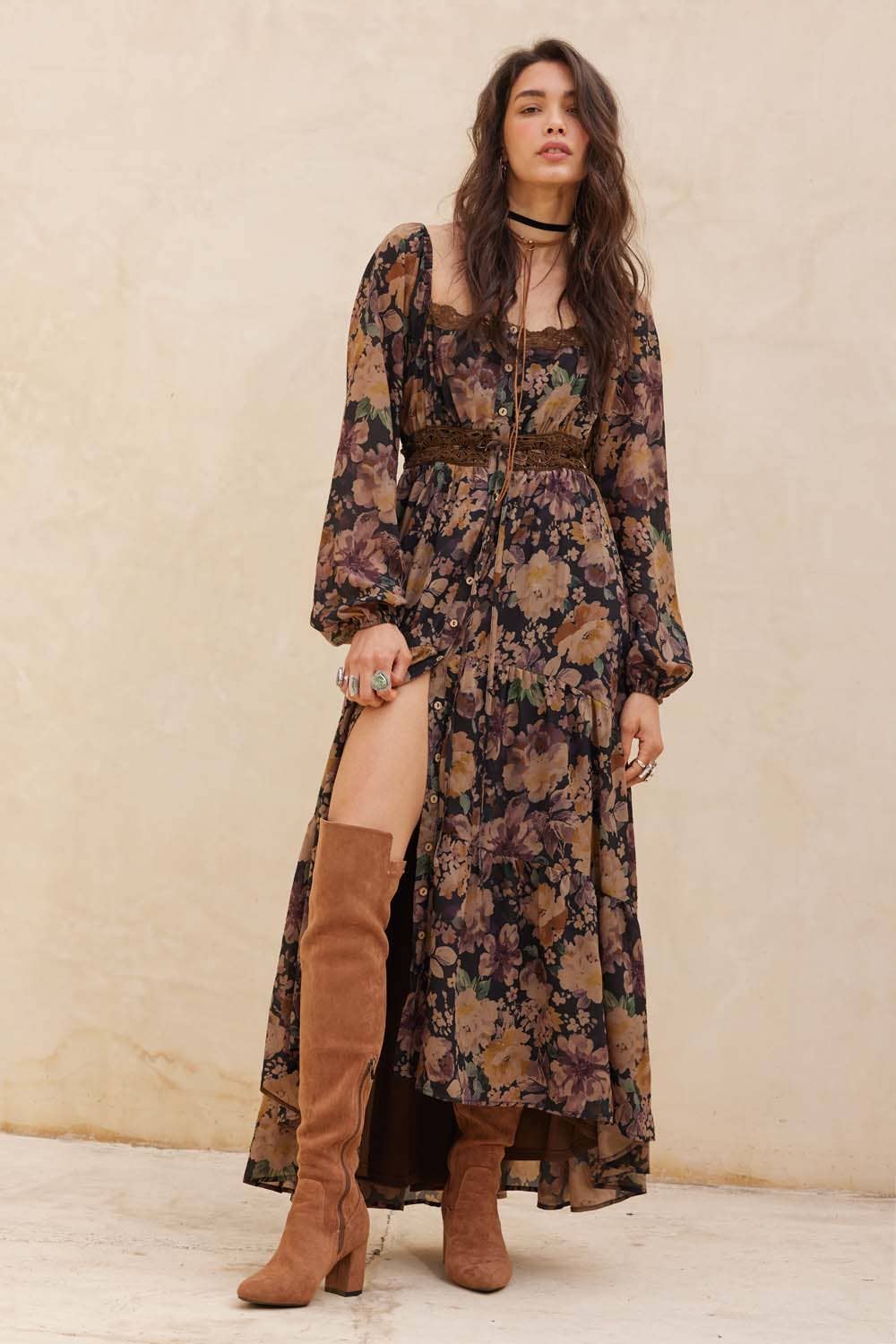 Floral Button-Front Maxi Dress, Chocolate