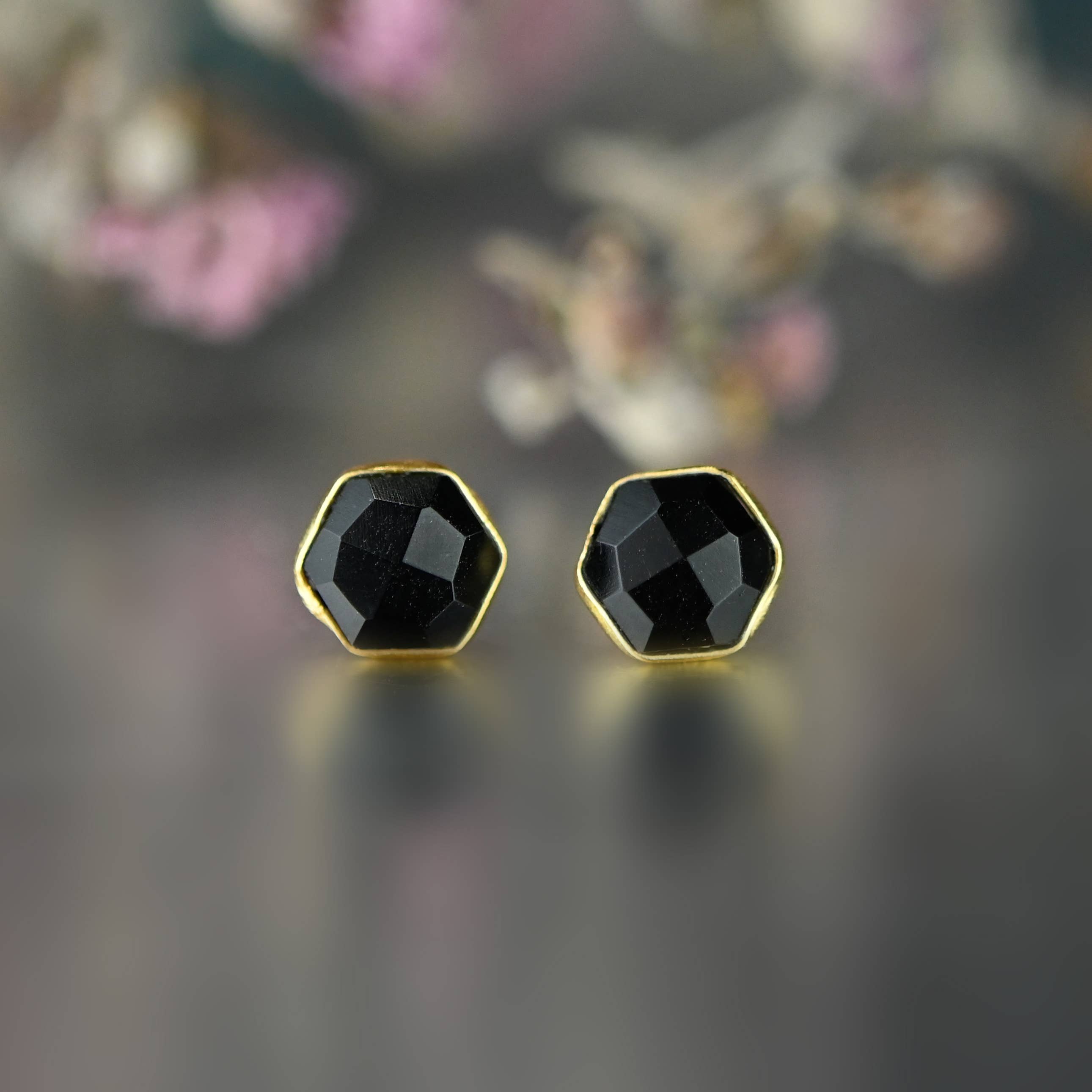 Semi Precious Hexagon Gemstone Studs (8mm gold)