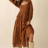Smocked Floral Bubble-Sleeve Midi Dress, Caramel