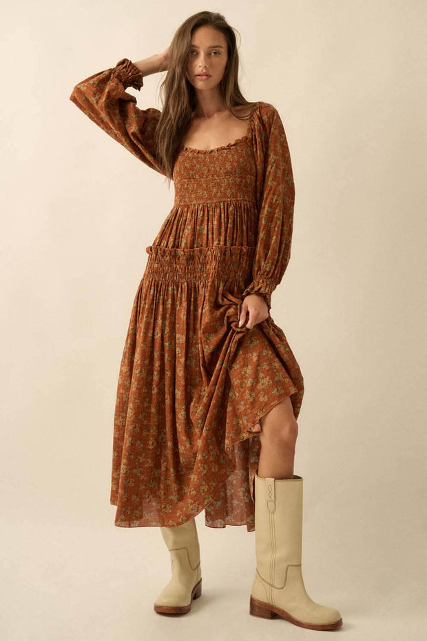 Smocked Floral Bubble-Sleeve Midi Dress, Caramel