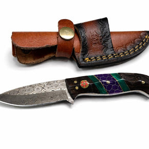 Damascus Drop Point Utility Tool | Dark Wood, Green Resin & Purple Honeycomb Handle