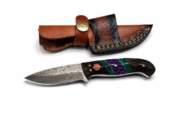 Damascus Drop Point Utility Tool | Dark Wood, Green Resin & Purple Honeycomb Handle