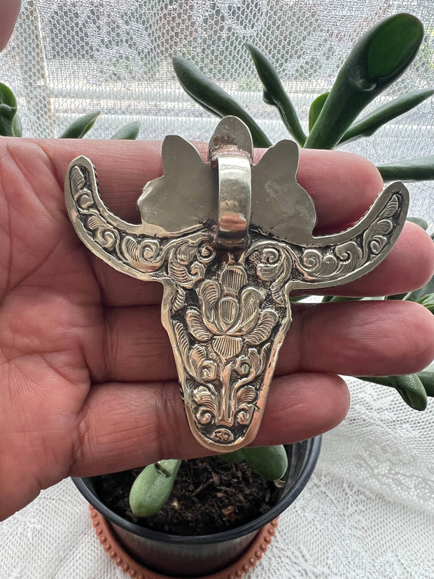 Large Hand  Bone Carved Bull Head, Tibetan Repousse Silver