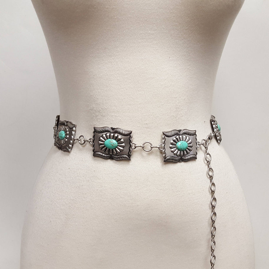 Western Turquoise Stone rectangular Concho Chain Belt