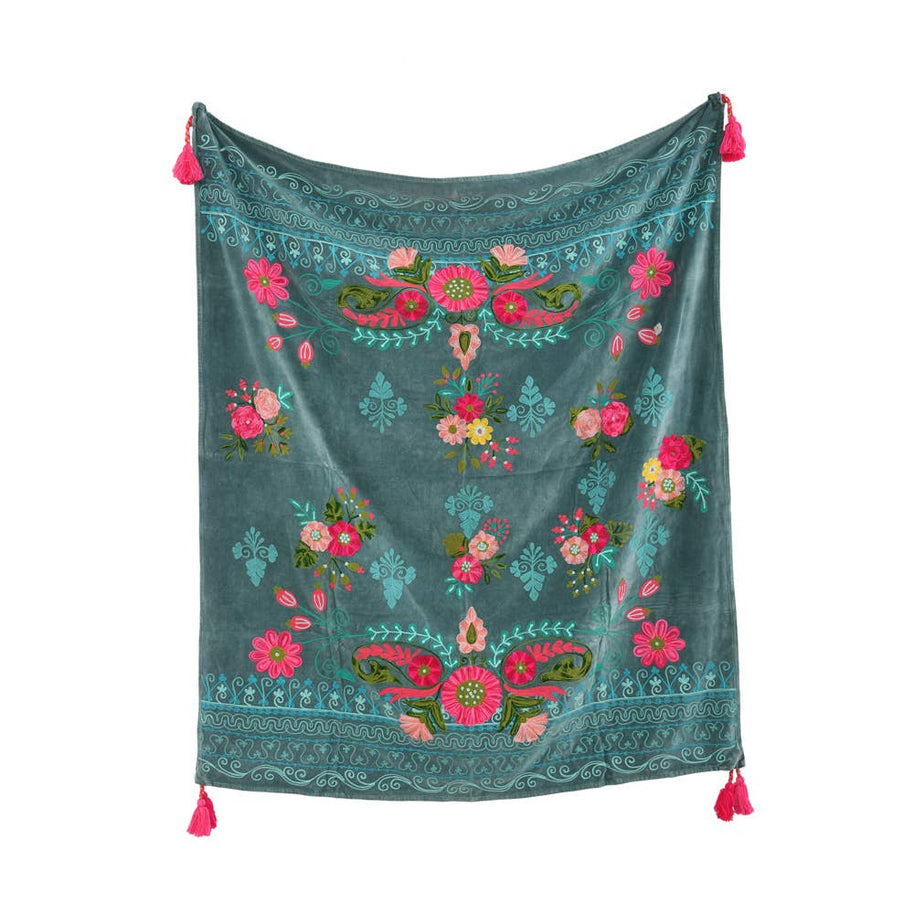 Blue Velvet Embroidered Throw, 44X60