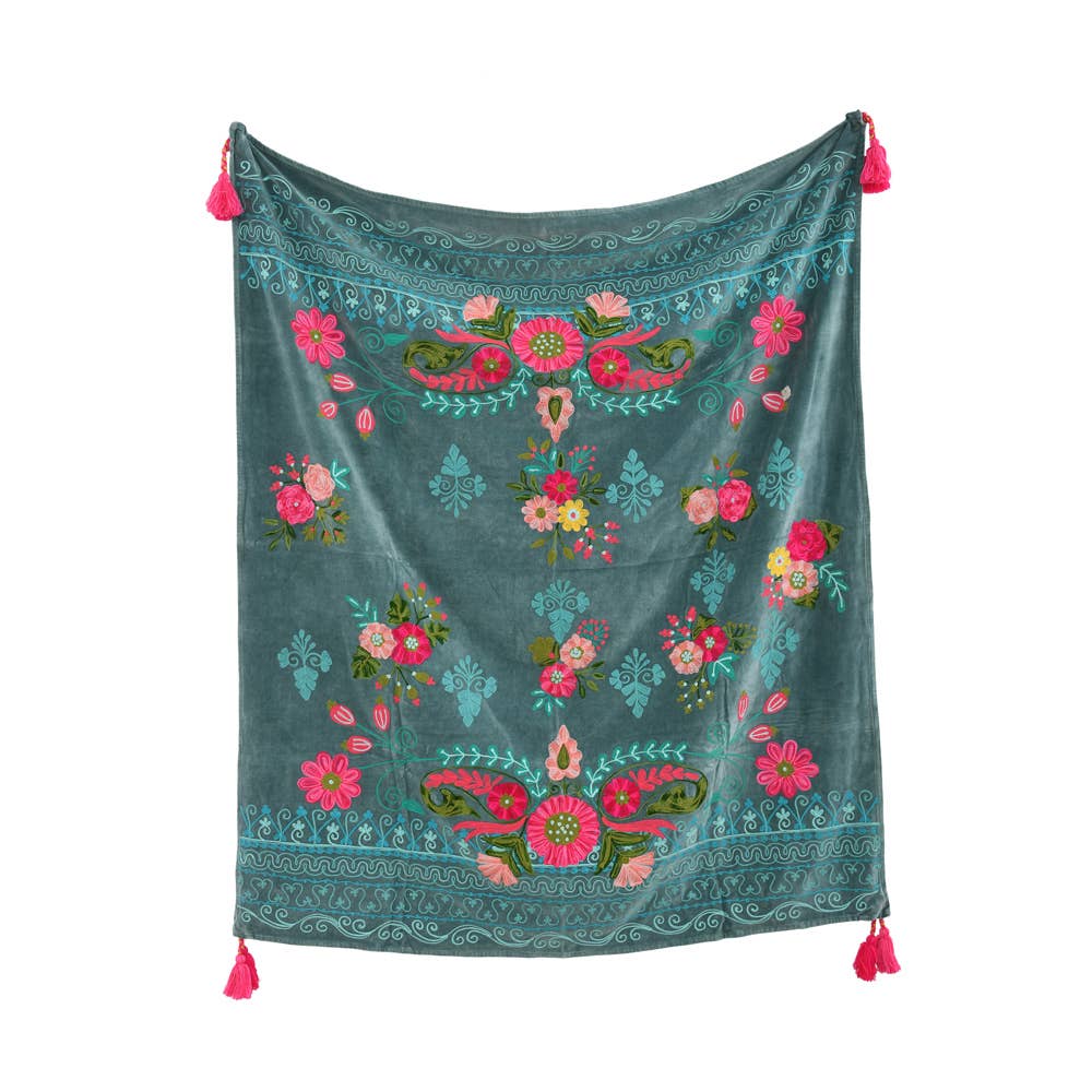 Blue Velvet Embroidered Throw, 44X60