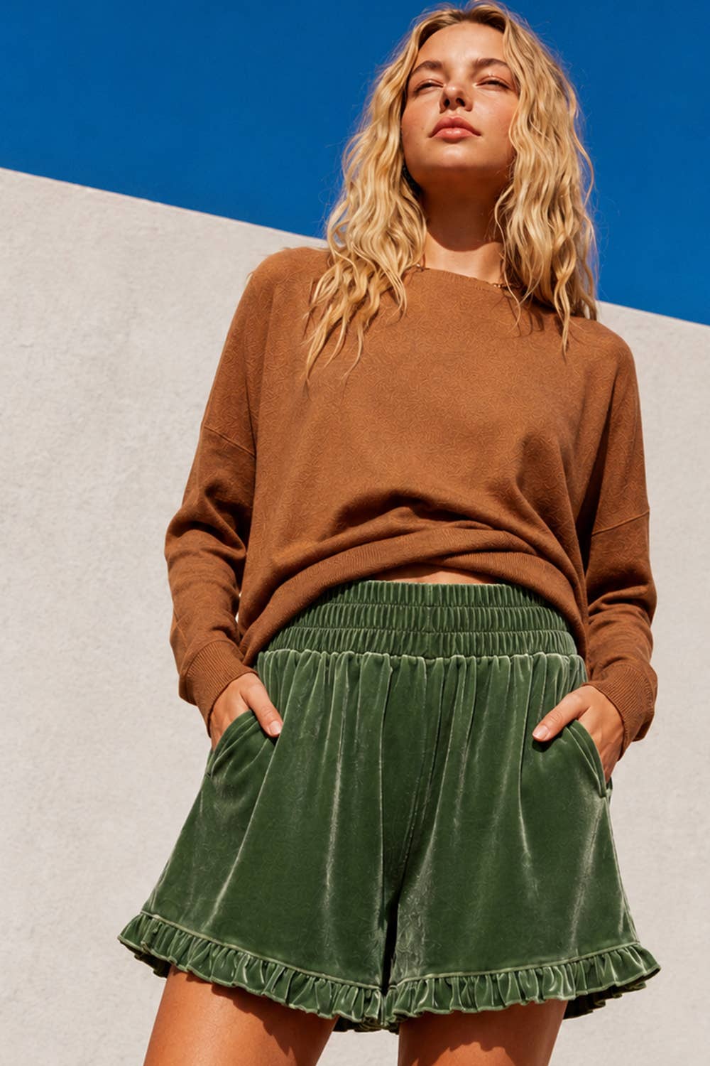 High-Waist Ruffle Velour Shorts