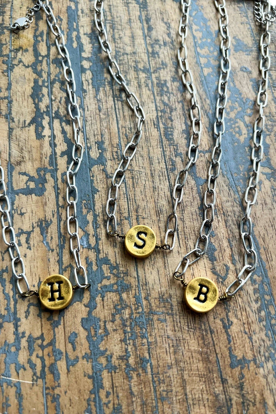 Circle Initial Pendant Necklace TWO TONE