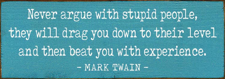 Never argue with stupid people  - Funny Wood Mark Twain Sign