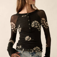 Floral-Print Mesh Raglan-Sleeve Henley Top