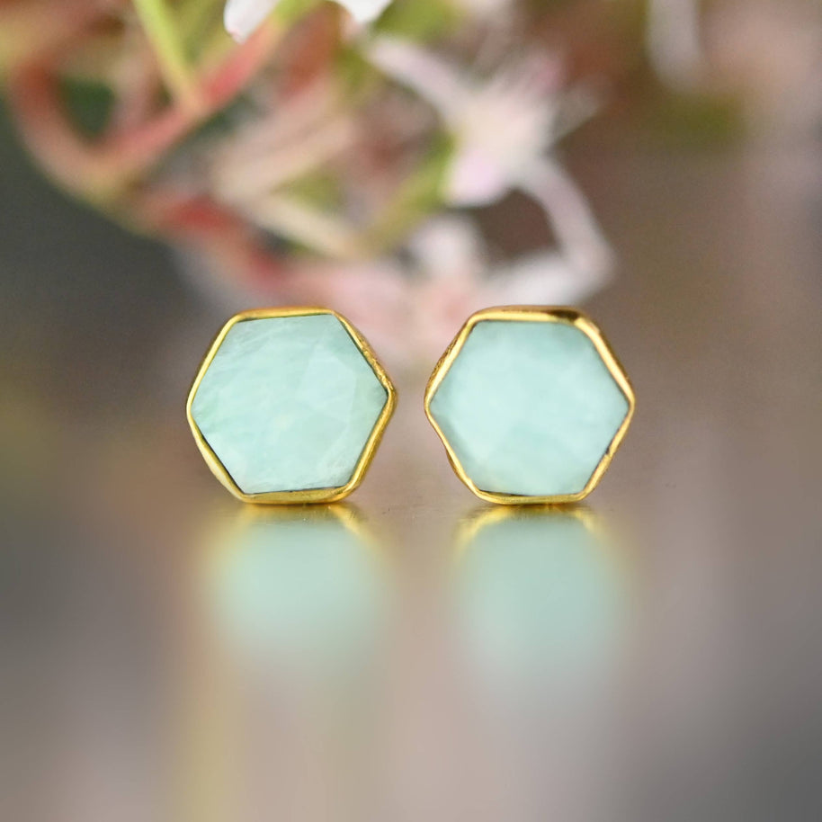Semi Precious Hexagon Gemstone Studs (8mm gold)