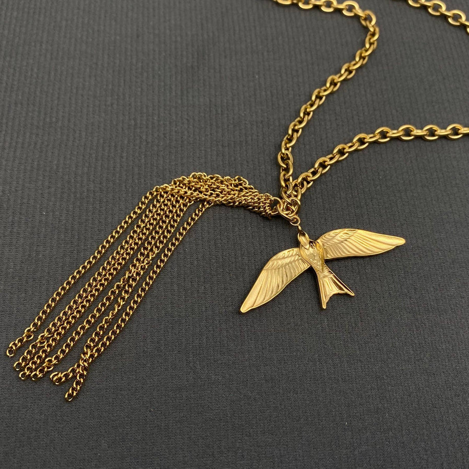 Bird Fringe 18K GP S Steel Long Chain Necklace
