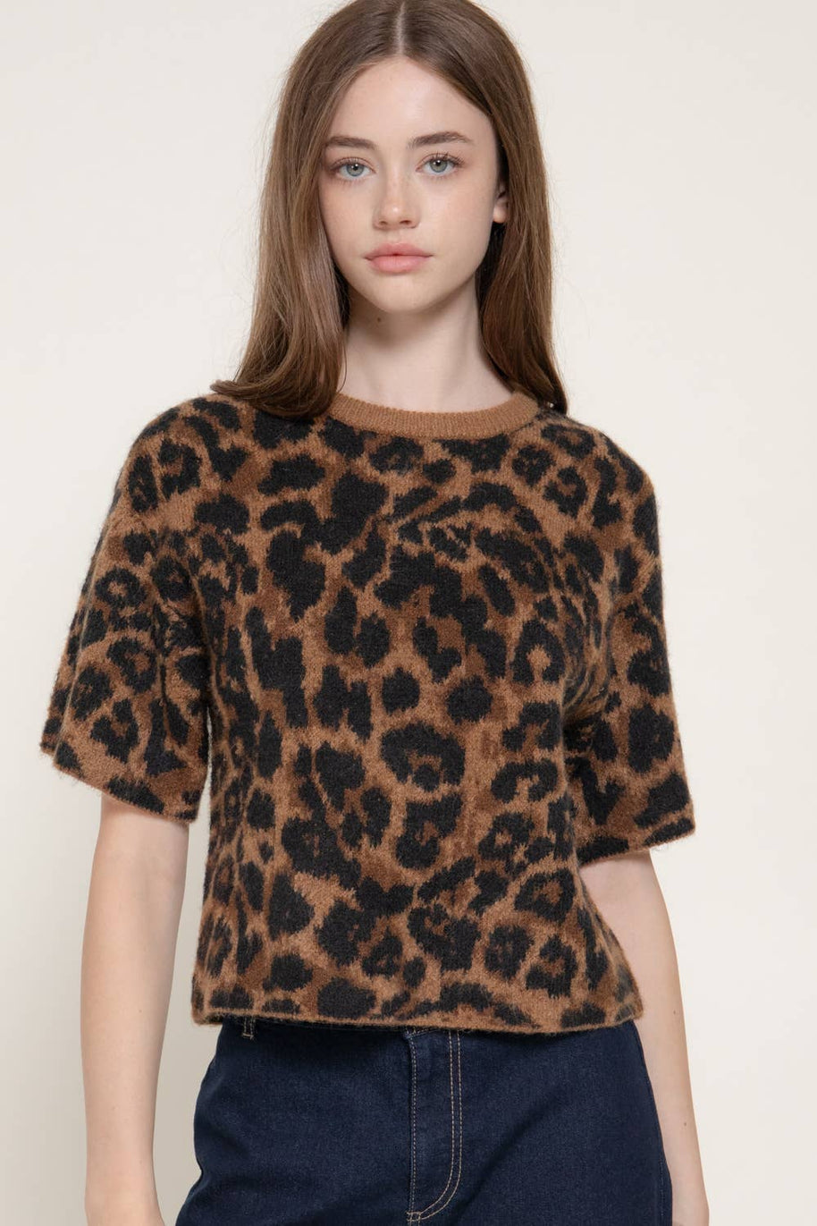 Short Sleeve Round Neck Leopard Jacquard Sweater Top