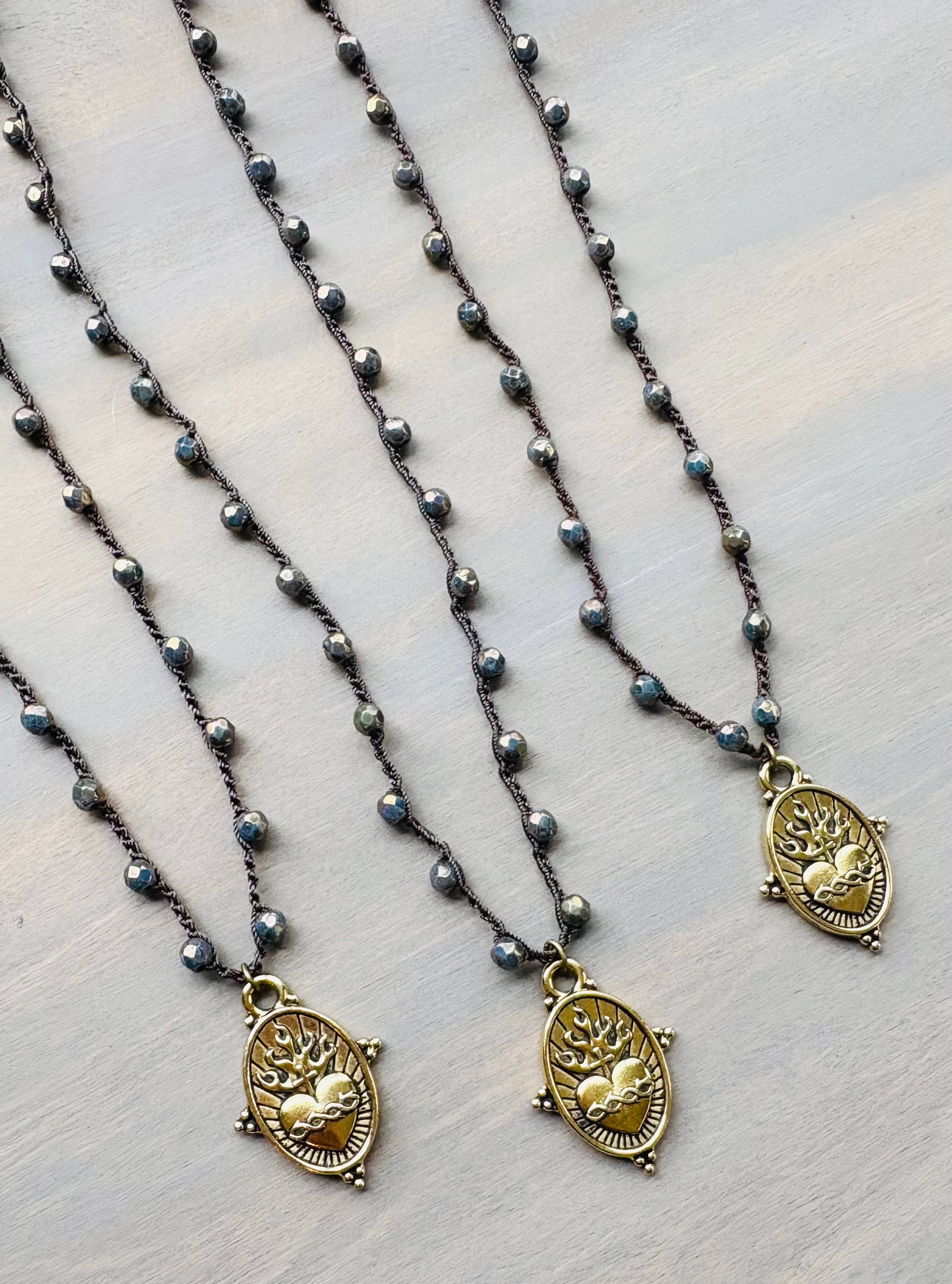 Sacred Heart Midnight Dream Crocheted Crystal Necklace