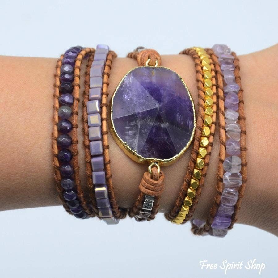 Amethyst Gemstone Leather Wrap Bracelet, Boho Beaded Strap