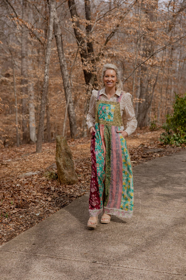 Botanical Motif Patchwork Printed Overalls