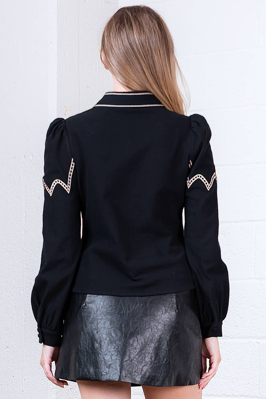 Black Button-Down with Embroidered Roses