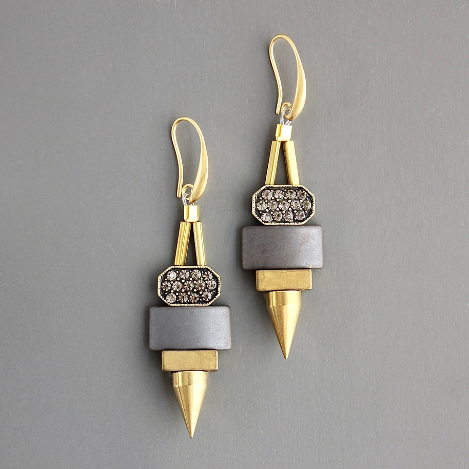 ArtDeco hematite and brass earrings
