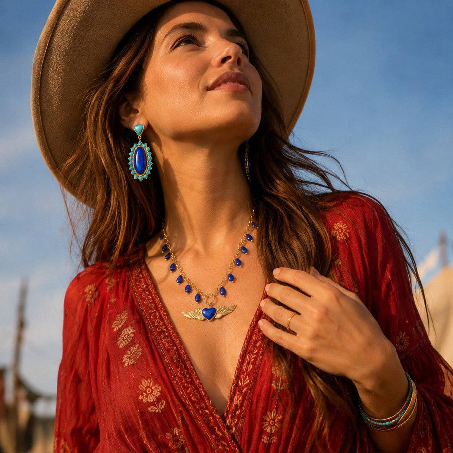 Flying Heart Blue Lapis Golden Pendant Necklace