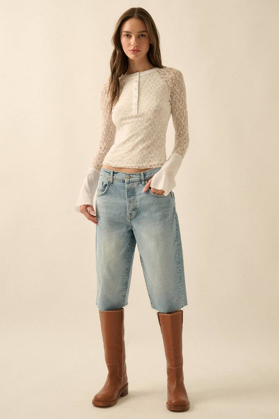 Lace Raglan-Sleeve Henley Top, White
