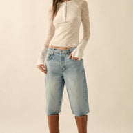 Lace Raglan-Sleeve Henley Top, White