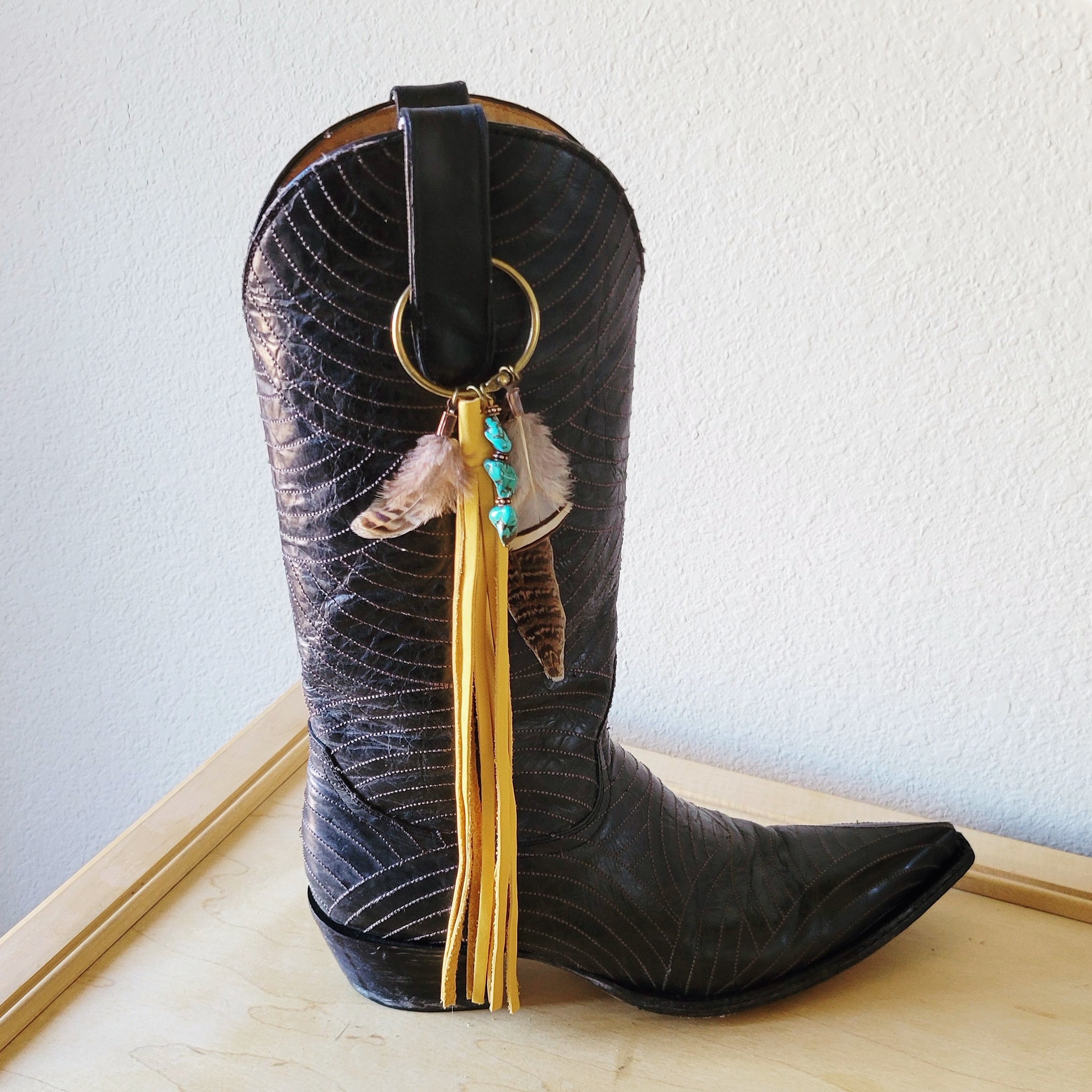Boho Western Boot Bling Charm with Leather Fringe 500c
