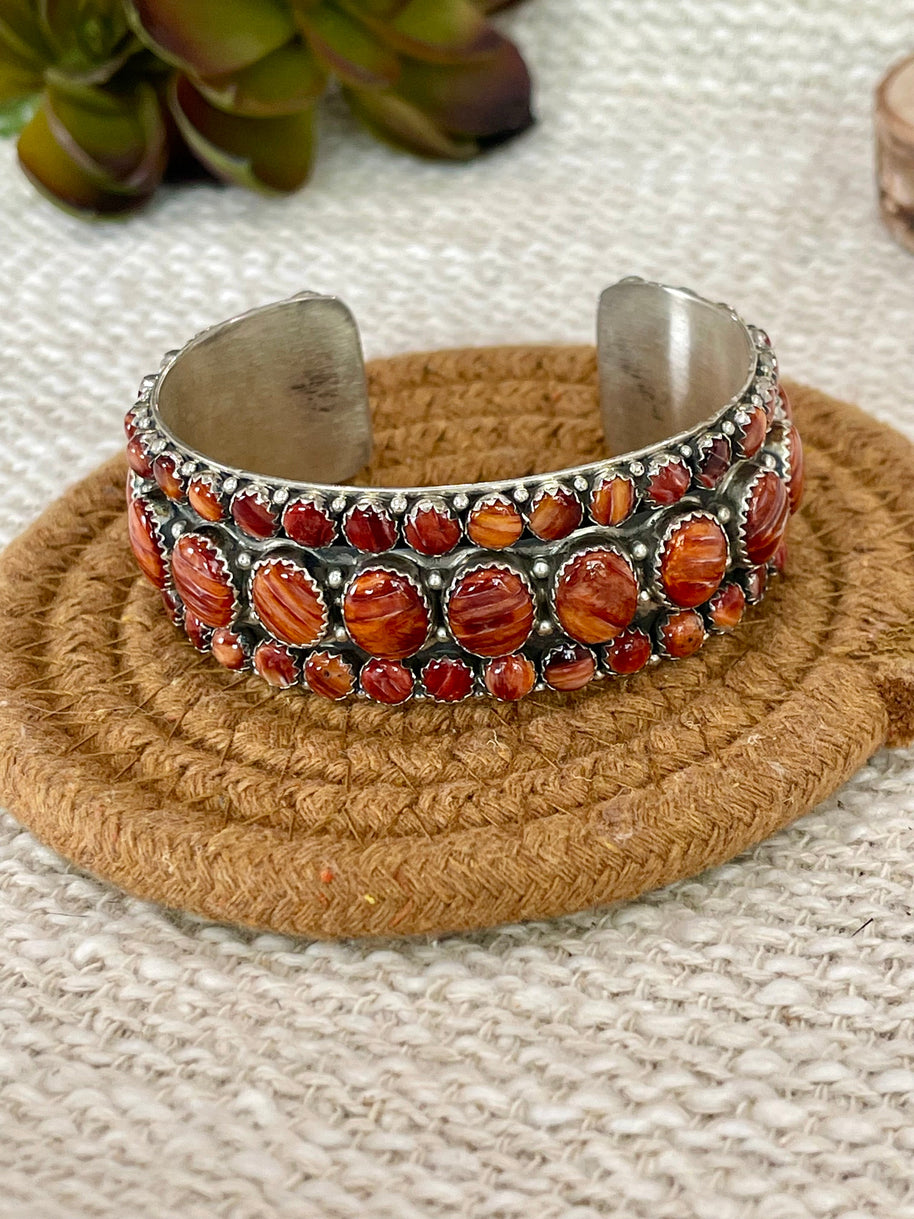 Beautiful Handmade Sterling Silver & Orange Spiny Cluster Cuff Bracelet