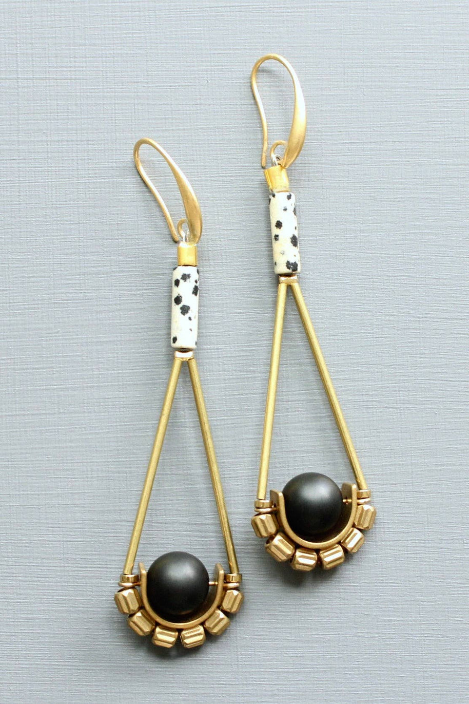 Dalmatian jasper and jet glass earrings
