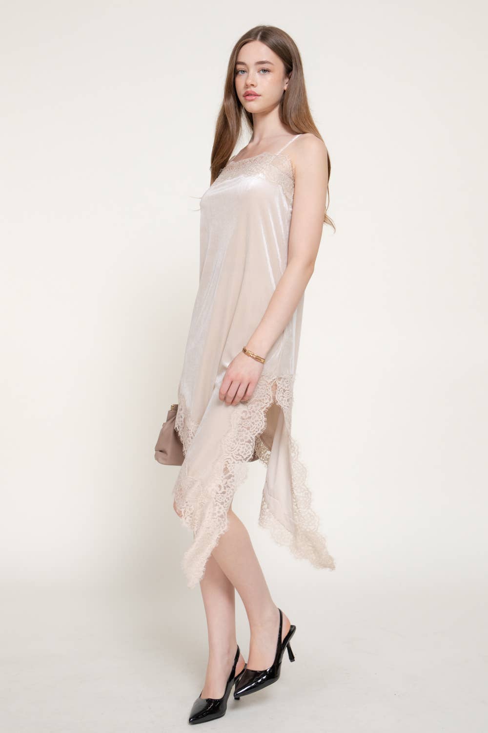 Straight Neck Lace Trim Asymmetrical Velvet Mini Dress