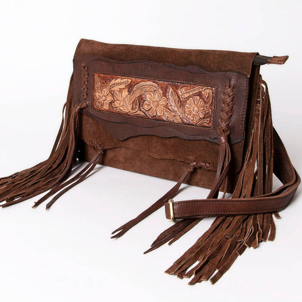 Suede Leather & Fringe Purse Clutch, Espresso