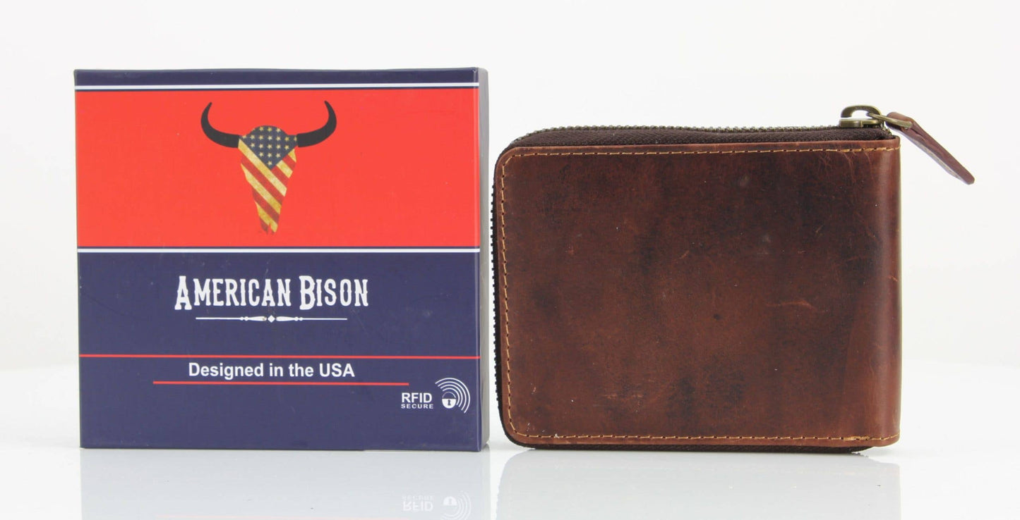 American Bison RFID Leather Zip Around Bi Fold Wallet